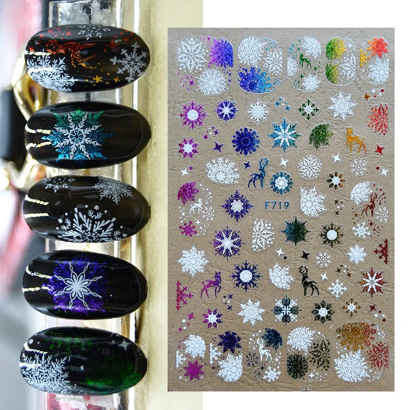 3D Christmas Nail Art Decoration Stickers Sparkly Gold White Colorful Glitter Geometry Snowflake Winter Slider Nail Foils-Nail Inspo