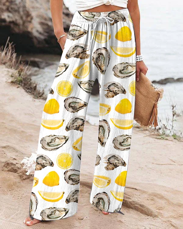 Lemon and Oyster Print Wide-leg Pants