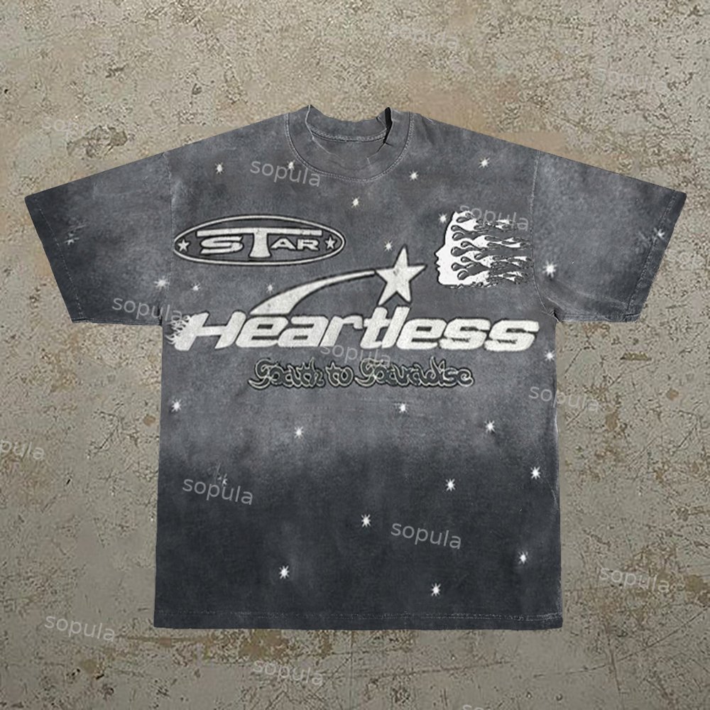 Retro Fashion Heartless Graphic Acid Washed Short Sleeve T-Shirt