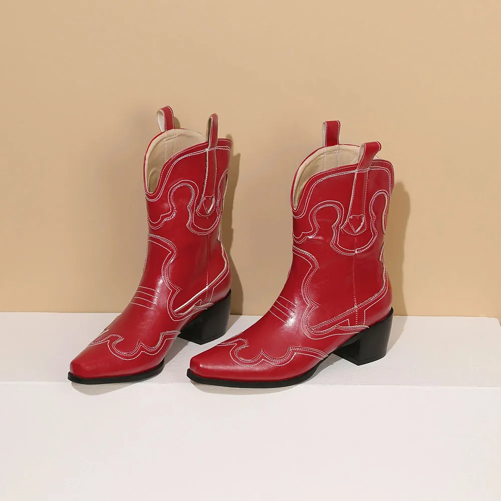 Block Heel Snip Toe Short Red Slip On Embroidered Cowgirl Boots