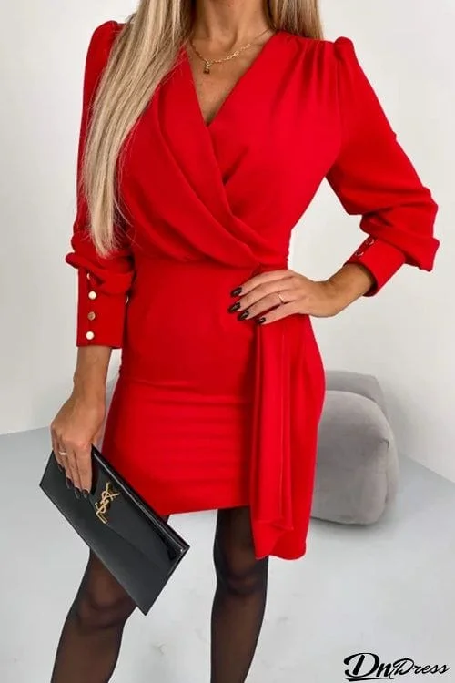 Solid Color Long Sleeve V-Neck Zip Dress