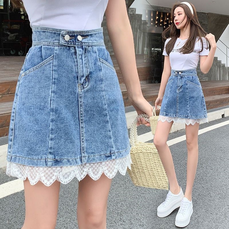 Lace-Hem Denim A-Line Mini Skirt