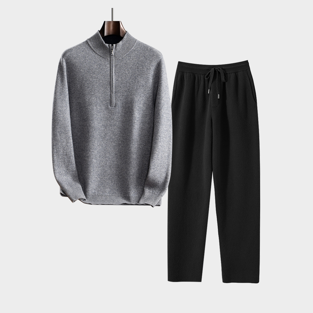 Men's Half-Zip Stand-Up Collar Cashmere Sweater and Pants Set | Modern Minimalist REAL SILK LIFE