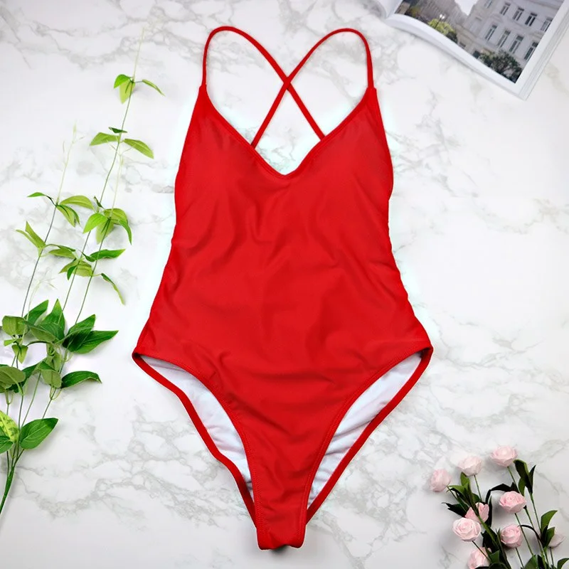 2021 women Swimwear Sexy high cut one piece swimsuit Backless swim suit Black White Red  thong Bathing suit female Monokini 2741