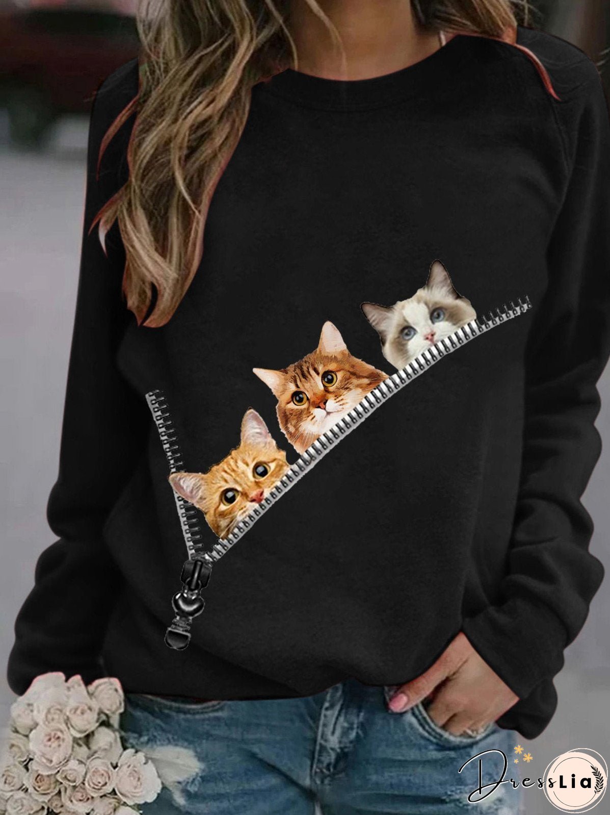 Women's T-Shirts Zip Cat Print Round Neck Long Sleeve T-Shirt