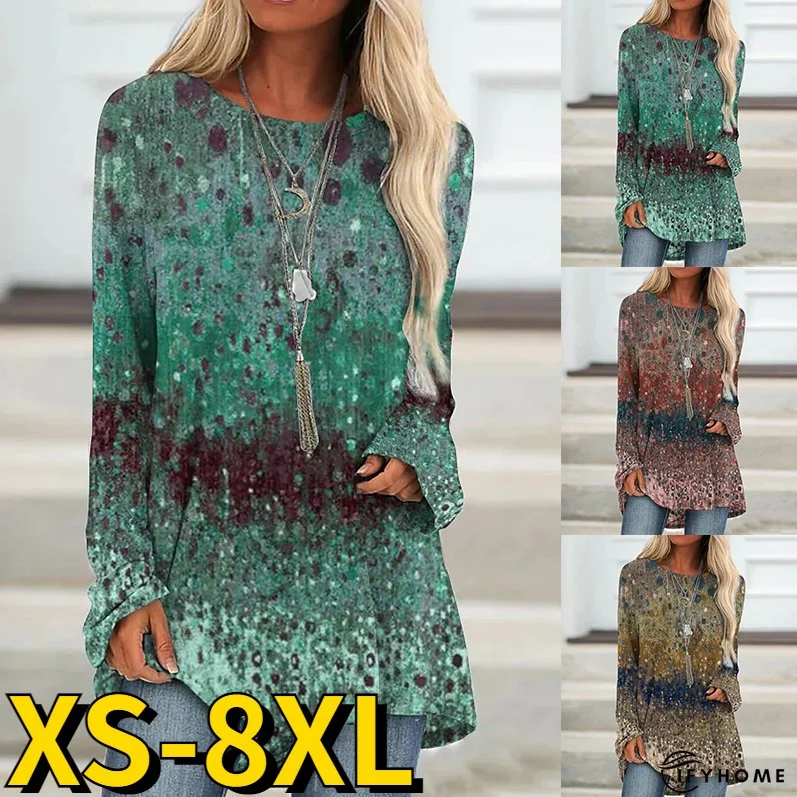 Casual Women's Crew Neck Top Loose Long Sleeve Vintage Print Pullover Fashion T-Shirt | IFYHOME