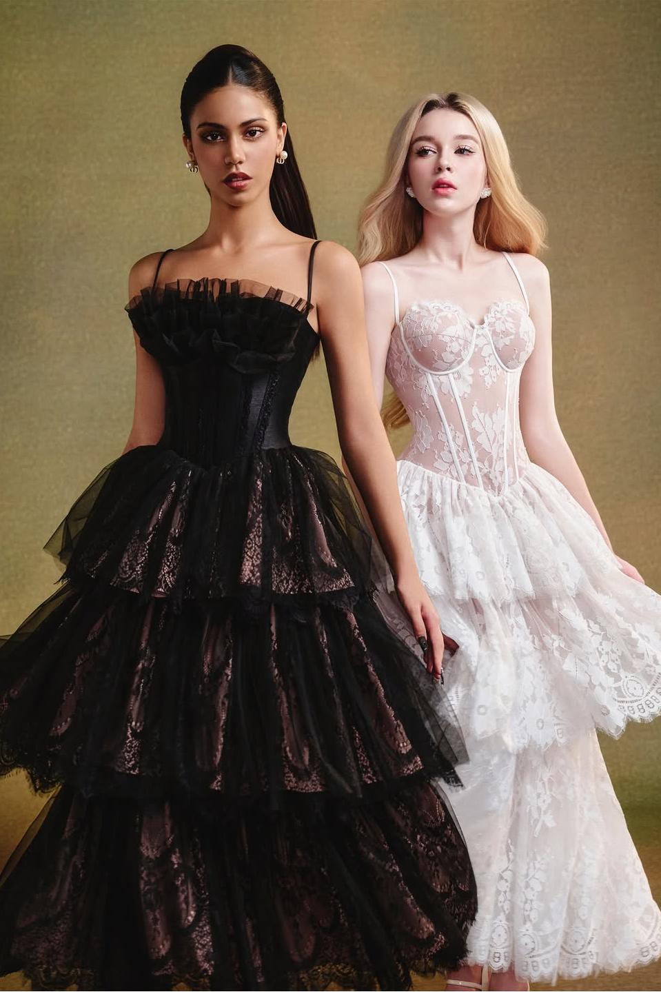 Lussooy Lace Exquisite Spaghetti Strap Sleeveless Cake Prom Dress with Appliques 