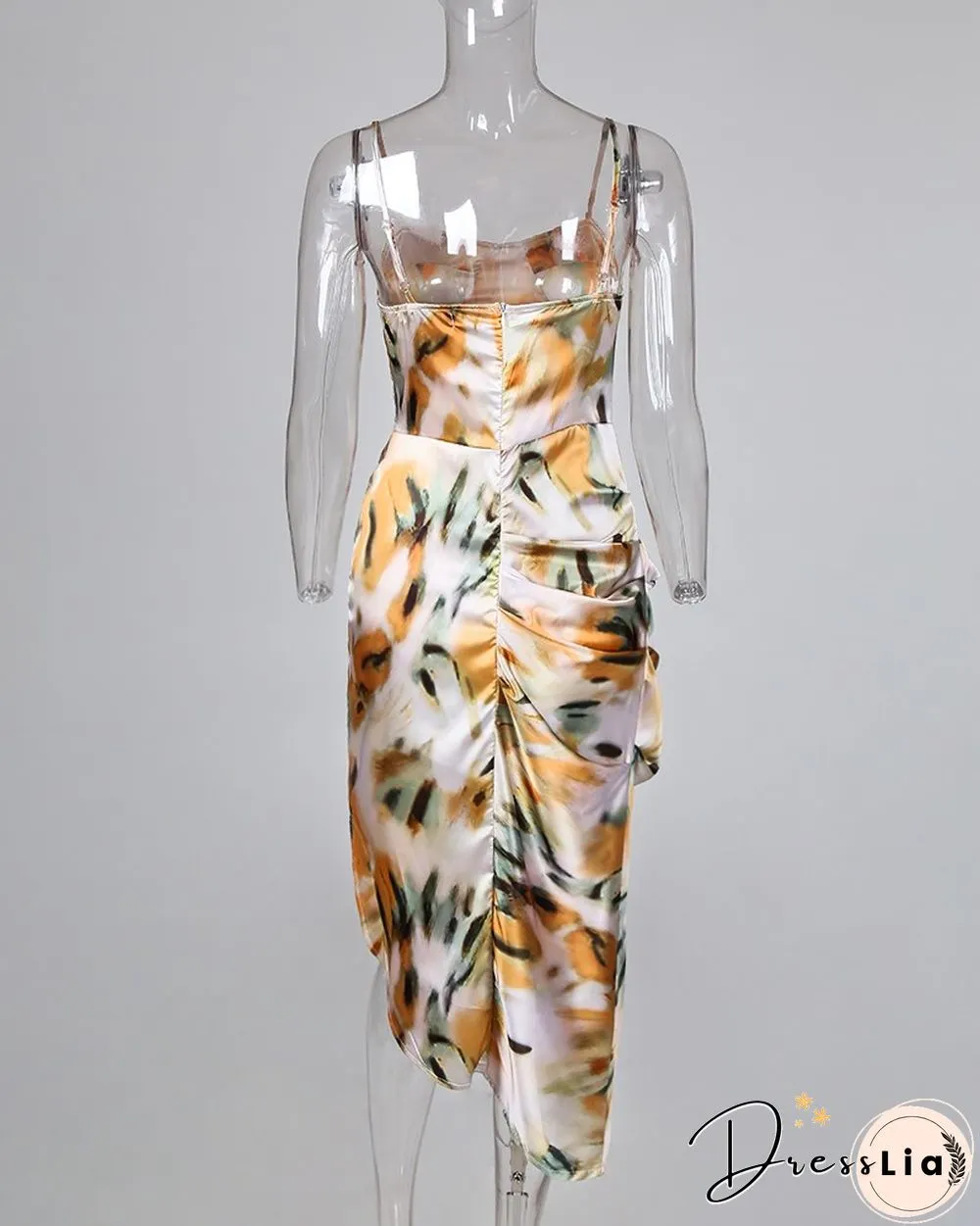 Abstract Print Spaghetti Strap High Slit Ruched Dress