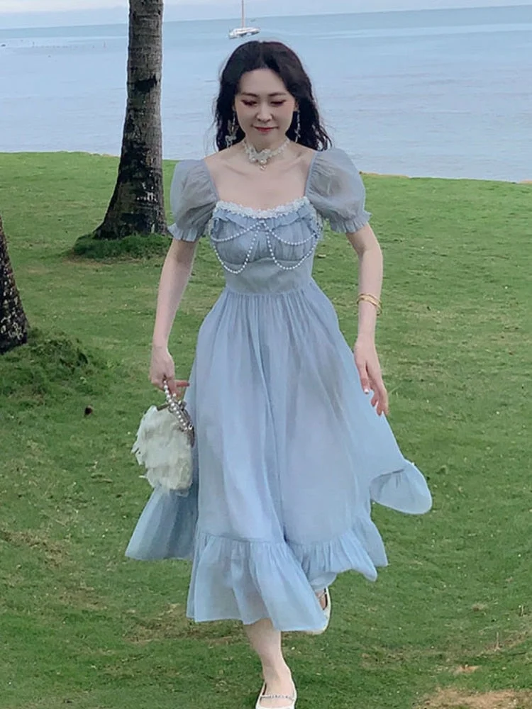 Summer Blue Elegant Fairy Dress Women Bow Bandage Party Midi Dresses Casual Korean Fashion Lace Chic Lolita Dress Female 2022