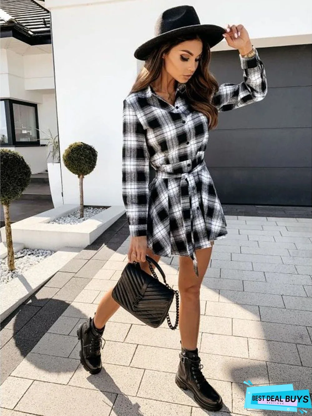 Autumn and Winter Fashion Sexy Printed Shirt Plaid Dress Skirt