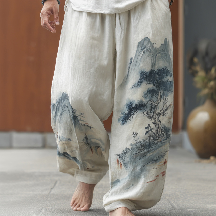 Men's Retro Japanese Landscape Print Casual Pants  artssus