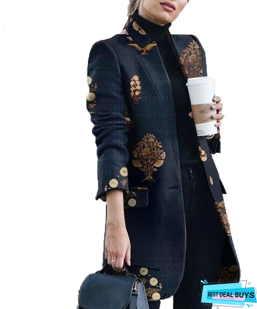 New Autumn and Winter Fashion Print Collar Woolen Coat Women