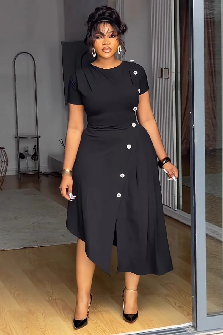 Round Neck Short Sleeve Buttons Decor Cinch Waist Irregular Midi Dresses-Black