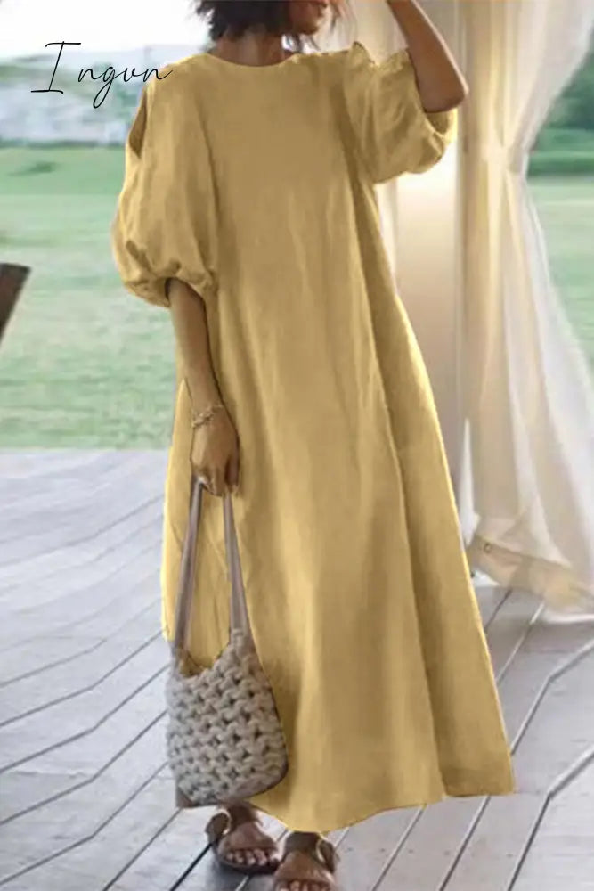 Ingvn - Casual Simplicity Solid Color O Neck Dresses(3 Colors) Khaki / S Dresses/Casual Dresses