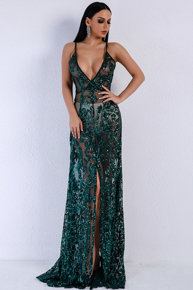 green v-neck sleeveless prom dress with lace appliques