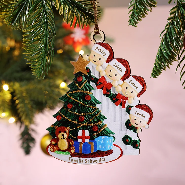 Kettenmachen Holz Personalisiertes 4 Namen Text Weihnachtsornament Baum Anhänger mit 4 Kinder
