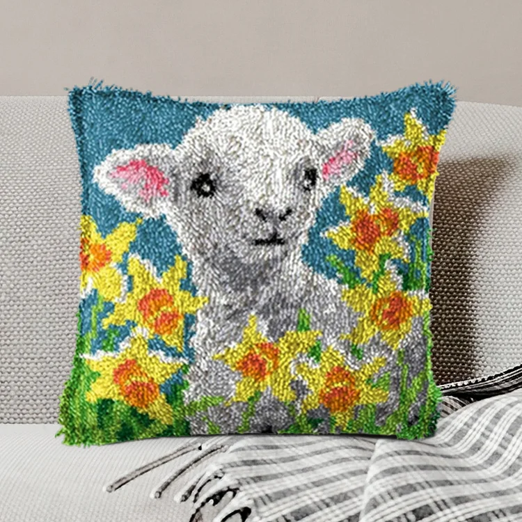 Lamb Among Flowers Pillowcase Latch Hook Kits for Adult, Beginner and Kid veirousa