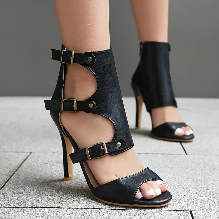 Solid Color Multi Straps Buckles Cutout Zipper Peep Toe Sandals Heels