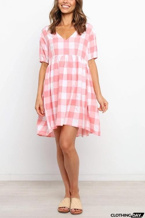 Plaid Pockets V Neck Mini Dress