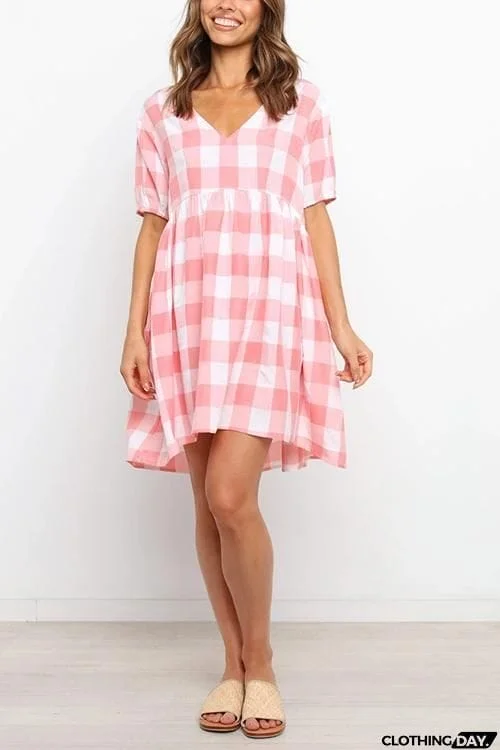 Plaid Pockets V Neck Mini Dress