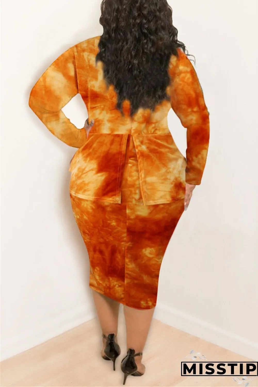 Orange Fashion Casual Plus Size Print Tie Dye Tie-dye Turtleneck Printed Dress
