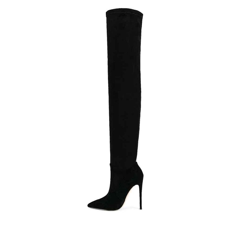 Black Vegan Suede Pointed Toe Shoes Stiletto Heel Thigh High Boots |FSJ Shoes