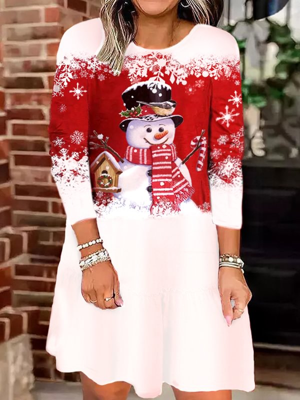 Women's Christmas Snowman Print Long Sleeve Dress