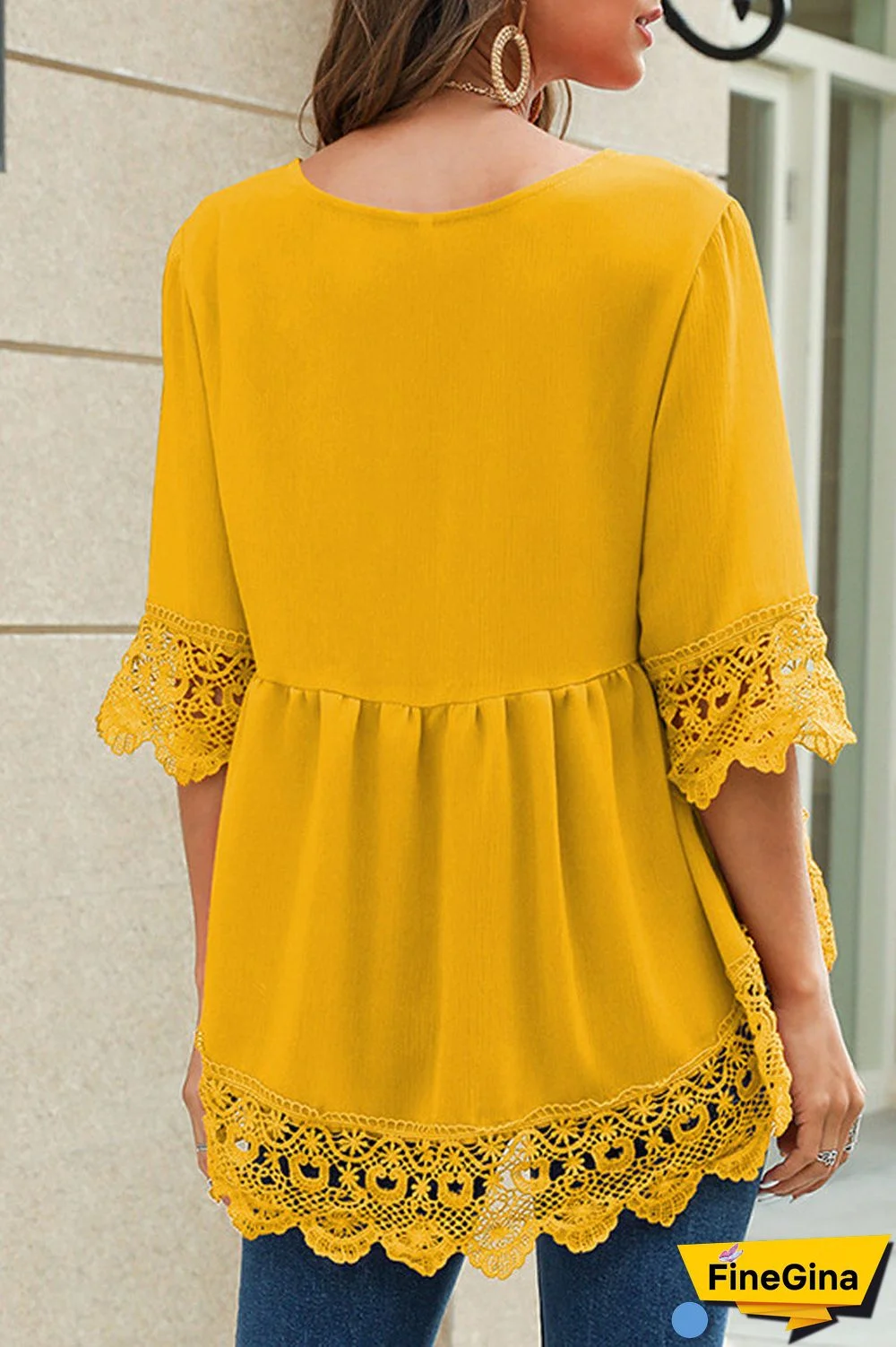 Chiffon Lace Pierced V-Neck Blouse