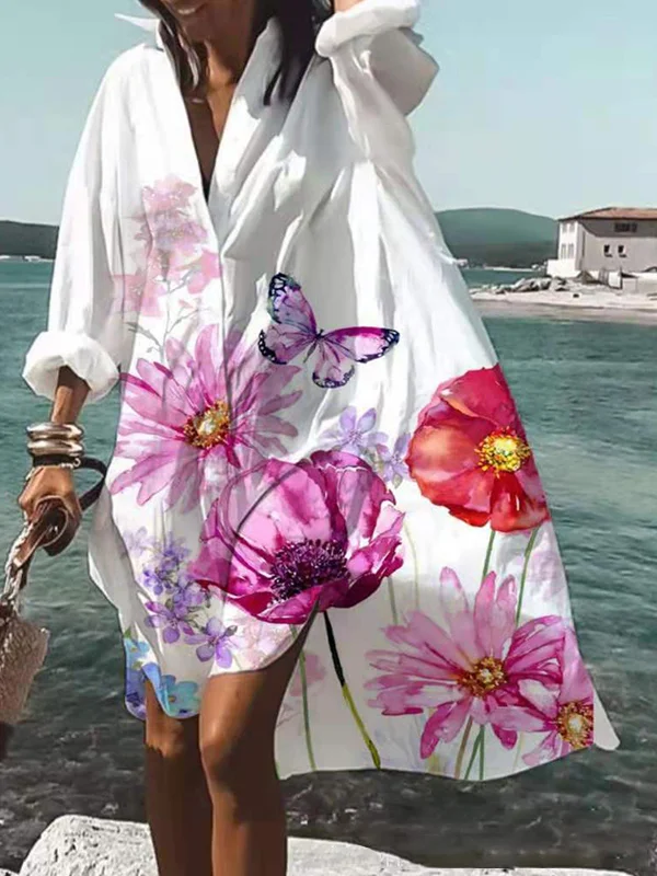 Butterfly And Flower Printed Oversized Dress