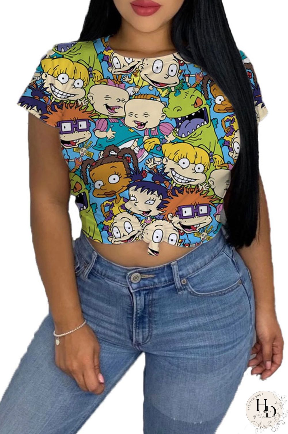 cartoon Green Yellow cartoon Multi-color purple Polyester O Neck Short Sleeve Patchwork Print Character Tops