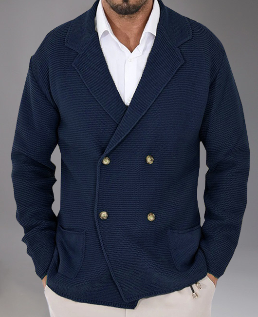 Business Notched Lapel Double-Breasted Pocket Knit Cardigan Sweater