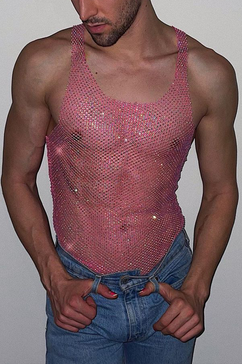 Ciciful Men's Mesh Rhinestone Raw Cut Festival Pink Tank Top