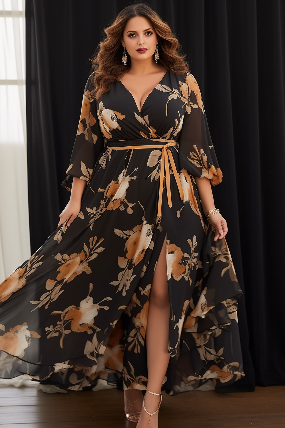 Flycurvy Plus Size Mother Of The Bride Black Chiffon Floral Print Wrap Lantern Sleeve Slit Maxi Dress