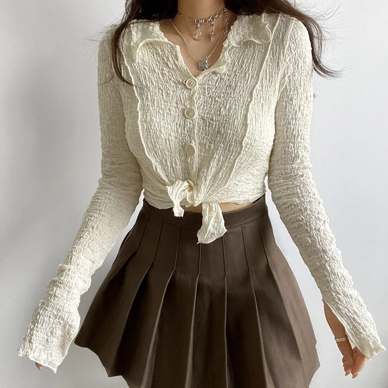 Rapcopter Knitted Crop Top Kawaii Long Sleeve T Shirt Skin Irregular Kawaii Cardigans Long Sleeve Korean Chic Tee Women Autumn