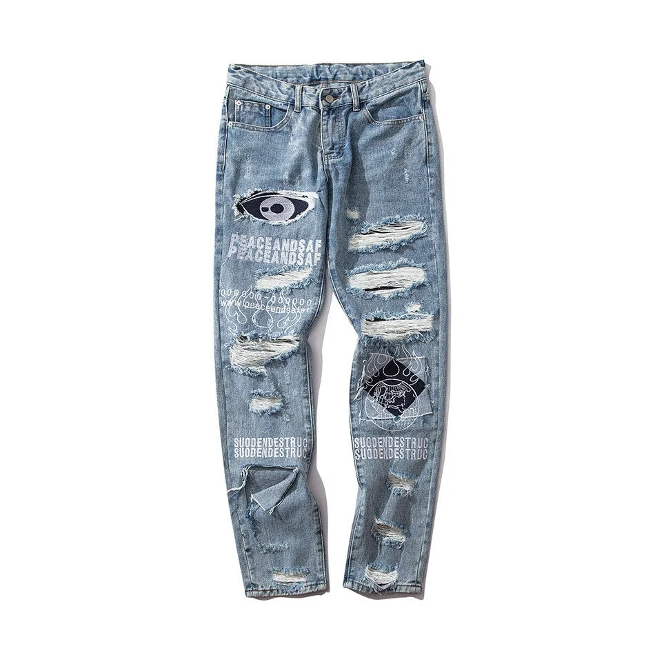 Hole Frayed Mens Jeans Pants Hip Hop Washed Streetwear Denim Tactical Pants Patchwork Jeans Hombre Ripped Jeans for Men