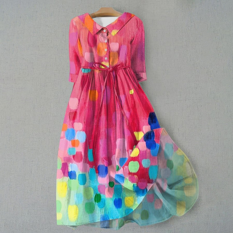 Comstylish Abstract Geometric Print Waist Tie-Up Midi Dress