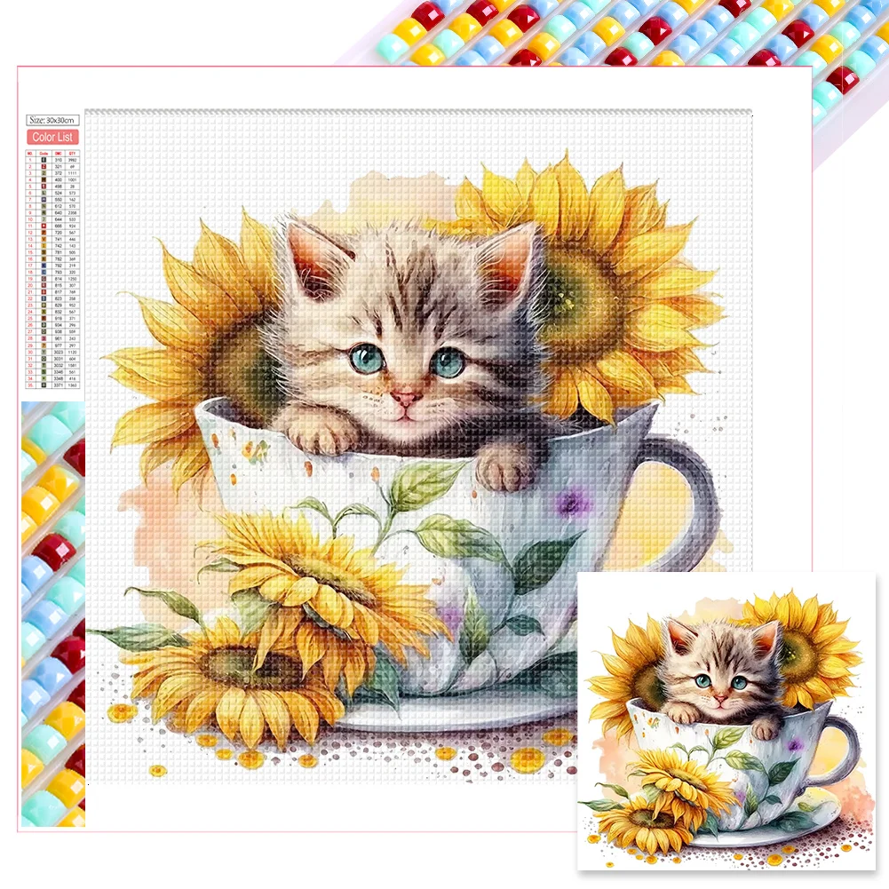 Diamond Painting - Full Square Drill - Cup Sunflower Cat(Canvas|35*35cm)