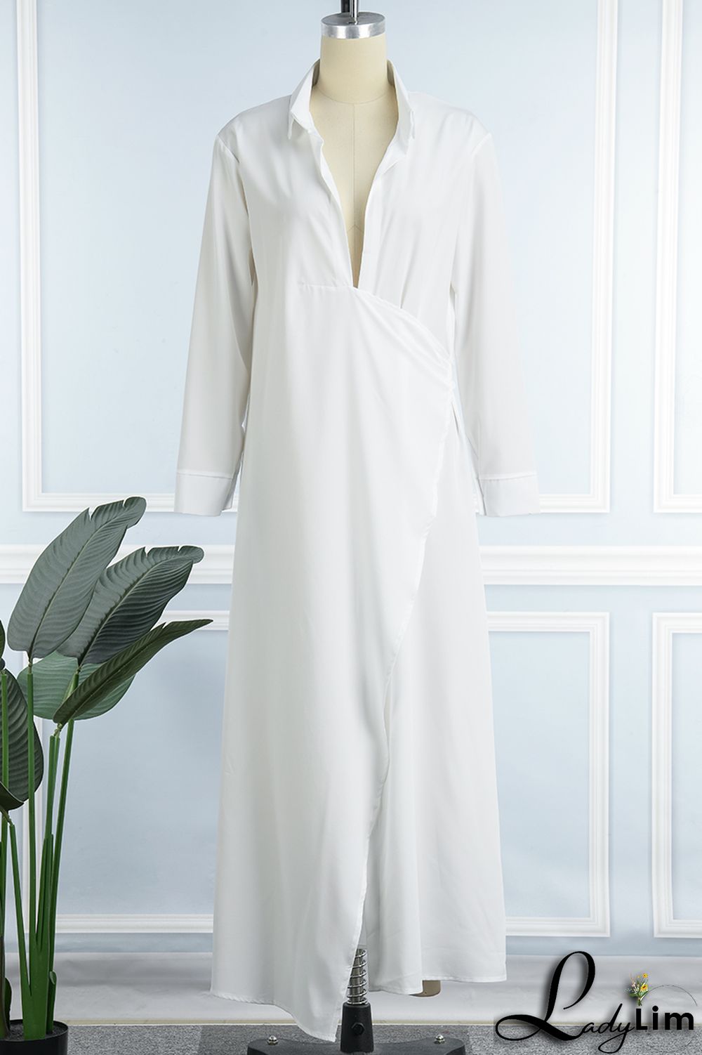 Green Sexy Patchwork Slit Turndown Collar Long Dress Dresses