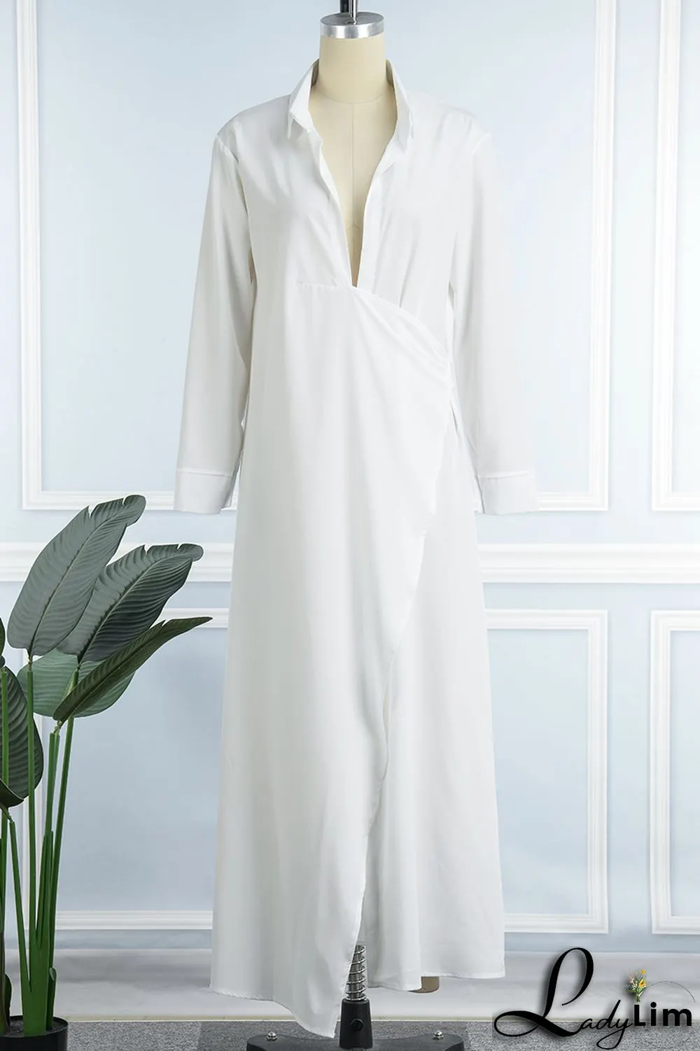 Green Sexy Patchwork Slit Turndown Collar Long Dress Dresses