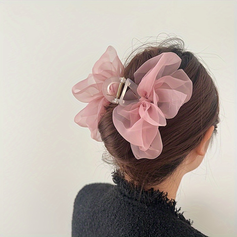Lightweight Design Elegant Large Beige Tulle Bow Hair Claw Clip - Chic Milk Coffee Fairy Design, Sweet & Cute Fabric Butterfly Knot Accessory for Women and Girls, Ideal for Valentine's Day