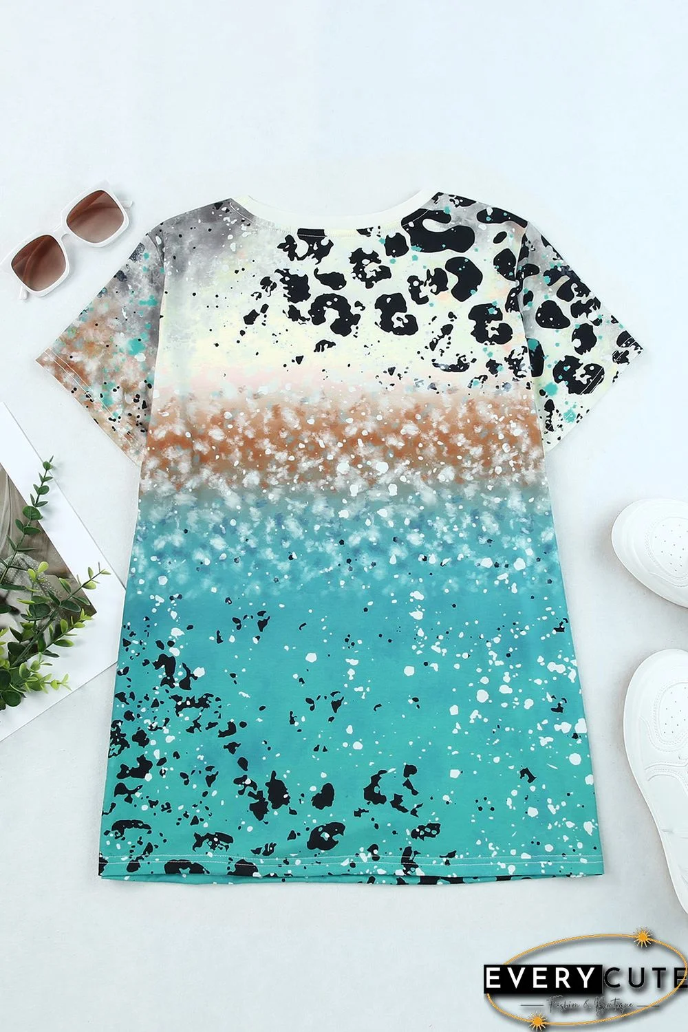 Sky Blue Leopard Tie-dye Bleached T-shirt