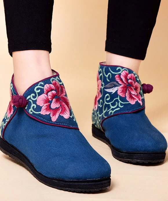 Boutique Buckle Strap Embroideried Comfy Ankle Boots Blue Cotton Fabric