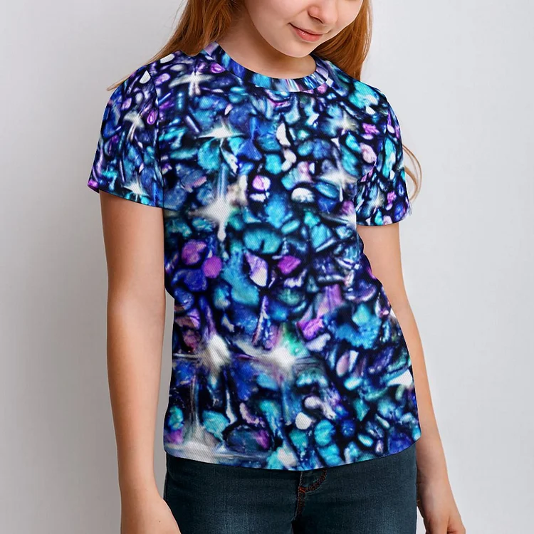 Rainbow Teal Blue Pastel Glitter Swirls Boys Girls T-Shirts Kids Casual All over Print Graphic Short Sleeve 3D Tee - Heather Prints Shirts
