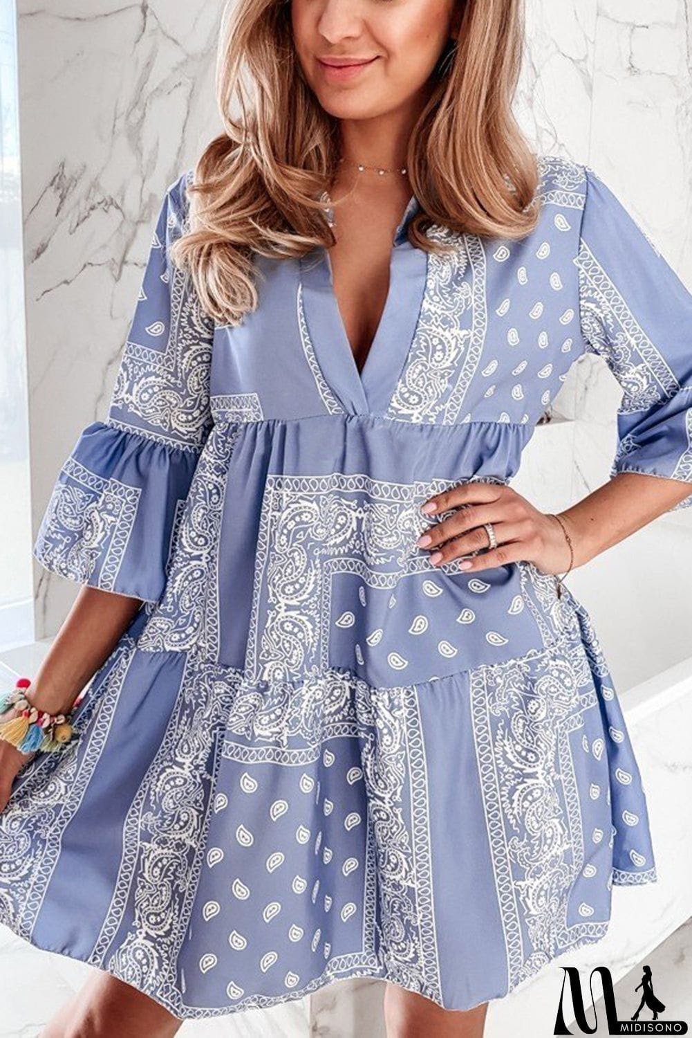 MidiSono - Geometric Tribal Print 3/4 Flared Sleeve Mini Dress