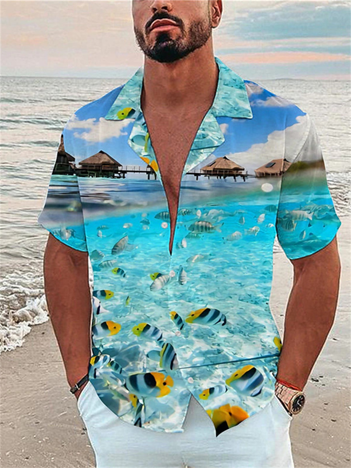 Men's Shirt Graphic Shirt Aloha Shirt Leaves Turndown Black White