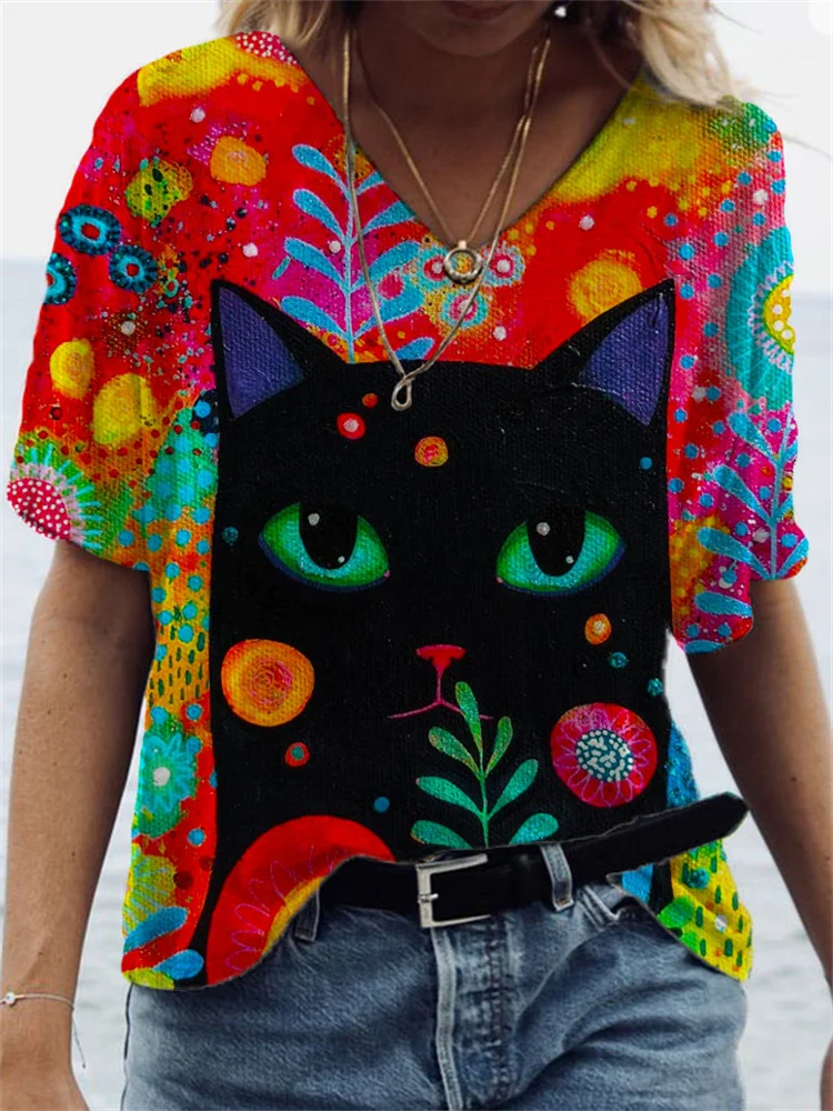 Floral Cat Art V Neck T Shirt