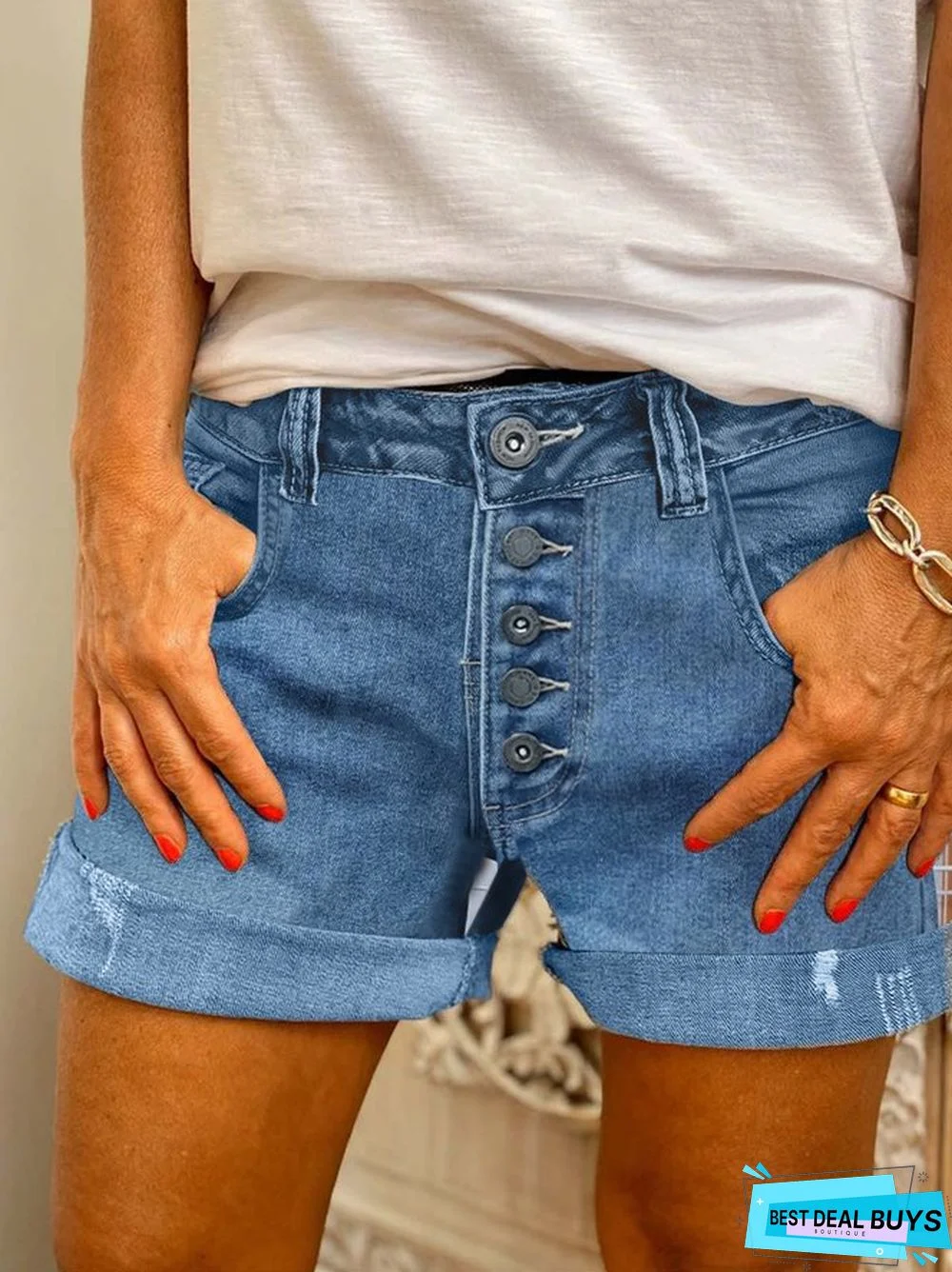 Blue Pockets Casual Cotton-Blend Denim shorts