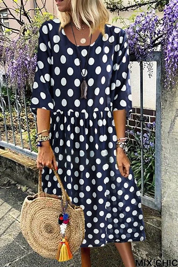 Casual Polka Dots Print Paneled Side Pockets Midi Dress