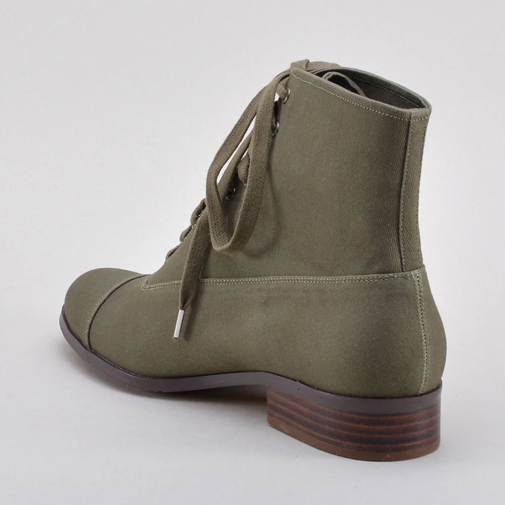 Olive Canvas Round Toe Stacked Heel Lace-Up Booties for Women