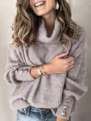 Women Long Sleeve Turtle Neck Solid Color Sweater Tops